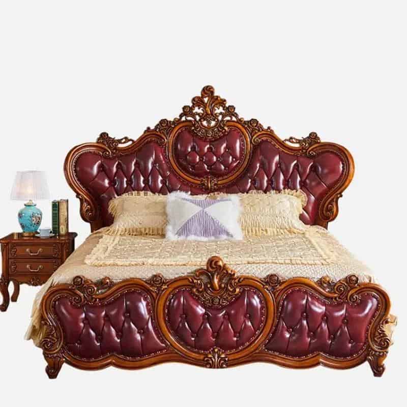 Elegant bedroom with vintage-style wooden bed and sophisticated decor, showcasing high-quality craftsmanship and comfort for a luxurious sleeping experience.