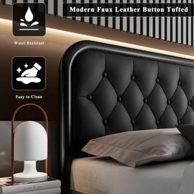 Water-resistant, easy-to-clean black faux leather tufted button headboard for bedroom decor and furniture. Perfect for stylish, durable, and modern bedroom design.
