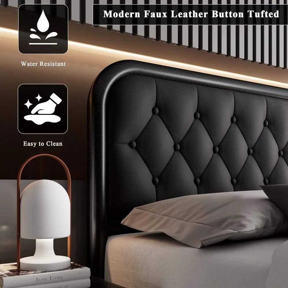 Water-resistant, easy-to-clean black faux leather tufted button headboard for bedroom decor and furniture. Perfect for stylish, durable, and modern bedroom design.