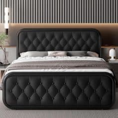 Queen Size Upholstered Bed Frame with Faux Leather Headboard