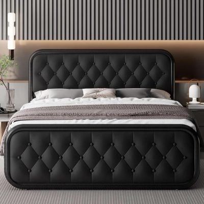 Queen Size Upholstered Bed Frame with Faux Leather Headboard