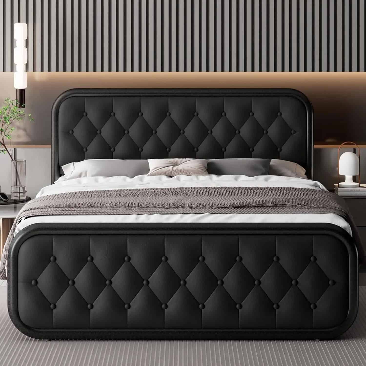 Queen Size Upholstered Bed Frame with Faux Leather Headboard