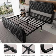 Black upholstered bed frame with reinforced metal crossbar and strong metal tubes, perfect for stylish bedroom furniture setups. Durable construction ensures long-lasting support and stability.