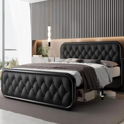Luxury black tufted bed with modern design in stylish bedroom for comfortable sleeping experience.