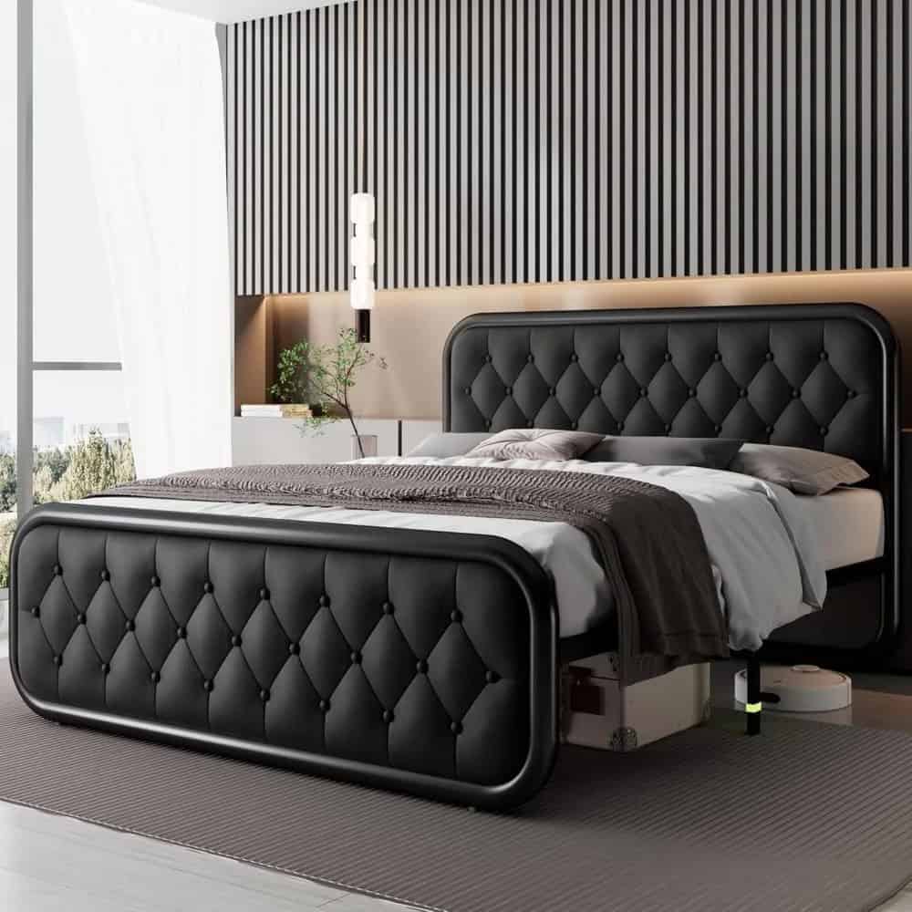 Luxury black tufted bed with modern design in stylish bedroom for comfortable sleeping experience.
