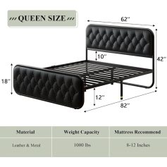 Premium black leather and metal queen bed frame with tufted headboard and footboard, designed for comfort and style, supporting up to 1000 lbs, perfect for home or boutique hotel bedrooms.
