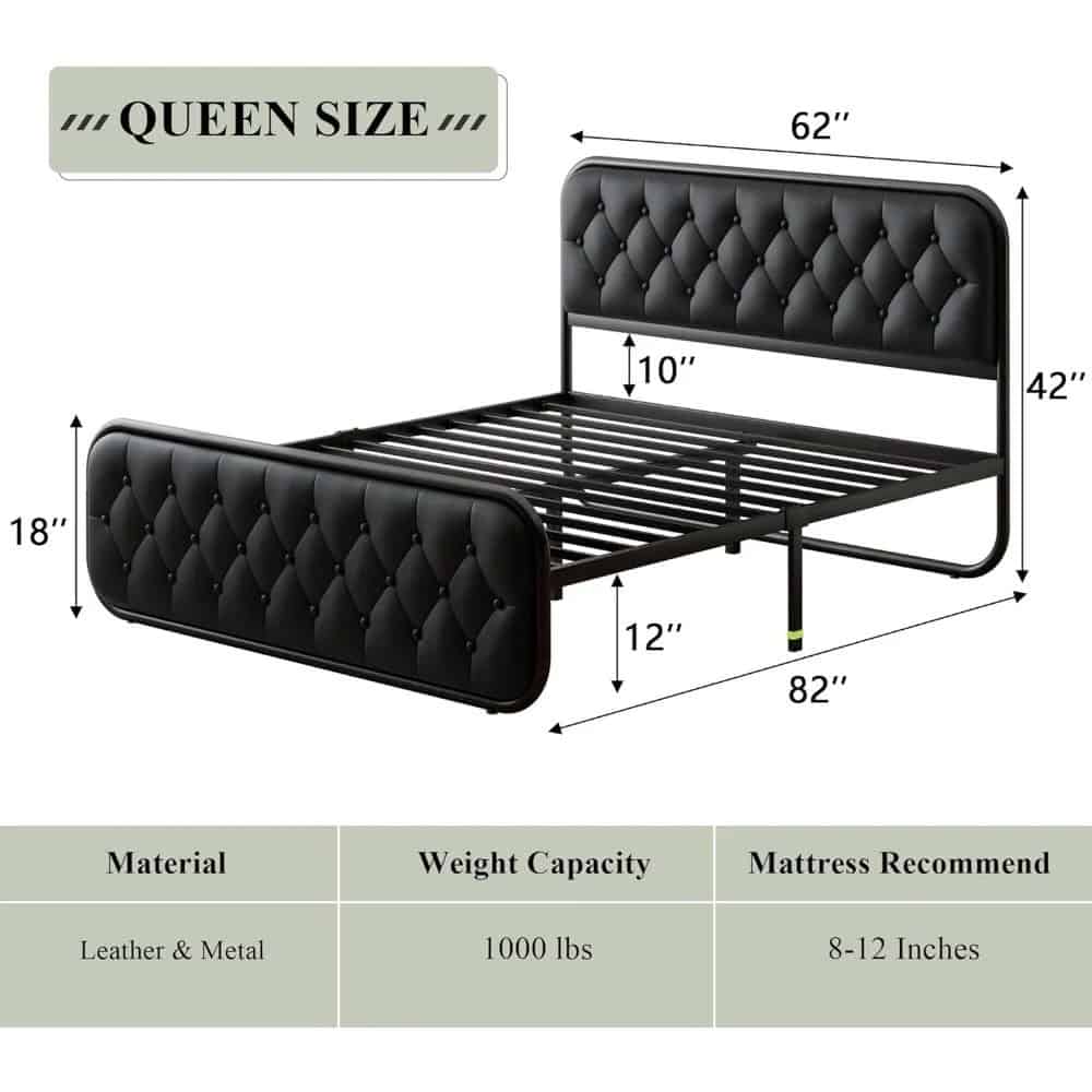Premium black leather and metal queen bed frame with tufted headboard and footboard, designed for comfort and style, supporting up to 1000 lbs, perfect for home or boutique hotel bedrooms.