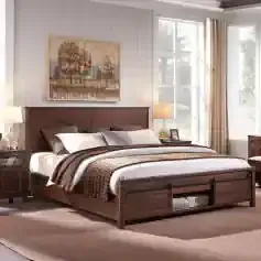 Comfortable bedroom setup with stylish wood furniture, cozy bedding, and natural lighting from large windows, offering a serene space for relaxation.