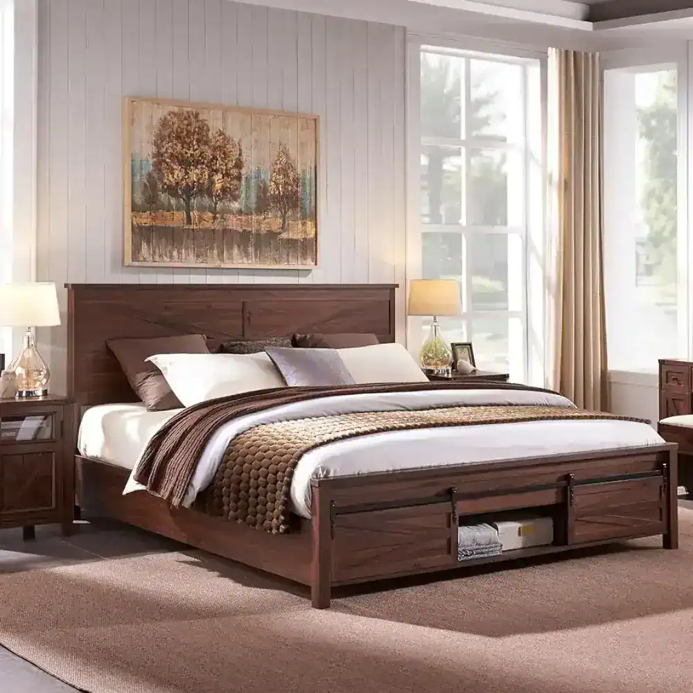 Comfortable bedroom setup with stylish wood furniture, cozy bedding, and natural lighting from large windows, offering a serene space for relaxation.
