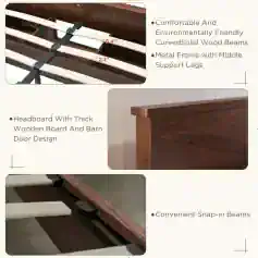 High-quality wooden bed frame with metal support and snap-in beams for easy assembly, featuring a headboard with a thick wooden design, environmentally friendly curved solid wood beams, and a sturdy metal frame for comfort and durability.