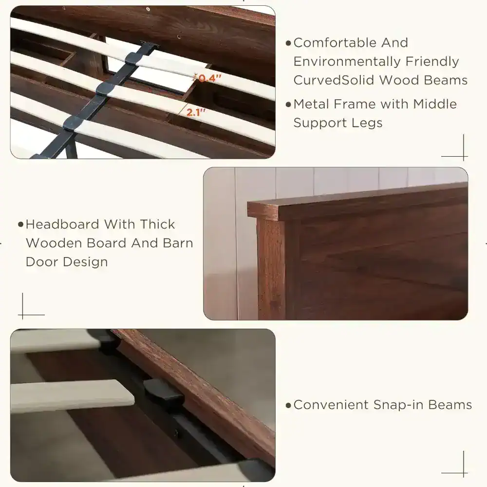 High-quality wooden bed frame with metal support and snap-in beams for easy assembly, featuring a headboard with a thick wooden design, environmentally friendly curved solid wood beams, and a sturdy metal frame for comfort and durability.