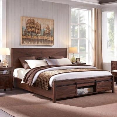 King Size Farmhouse Bed Frame with Sliding Barn Door Storage