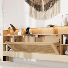Stylish bedroom headboard with built-in lighting, shelving, and a pull-out panel, crafted from light wood for a chic and functional bedroom furniture design.