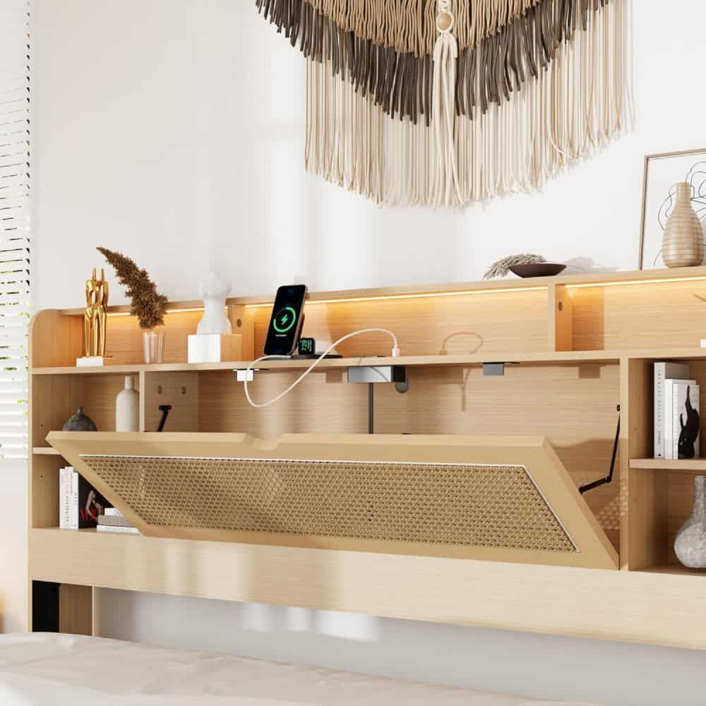 Stylish bedroom headboard with built-in lighting, shelving, and a pull-out panel, crafted from light wood for a chic and functional bedroom furniture design.