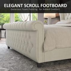 Image features a luxurious, beige upholstered bedroom with an elegant scroll-style footboard, plush foam padding for added comfort, and serene natural lighting. Perfect for modern opt bedroom decor.