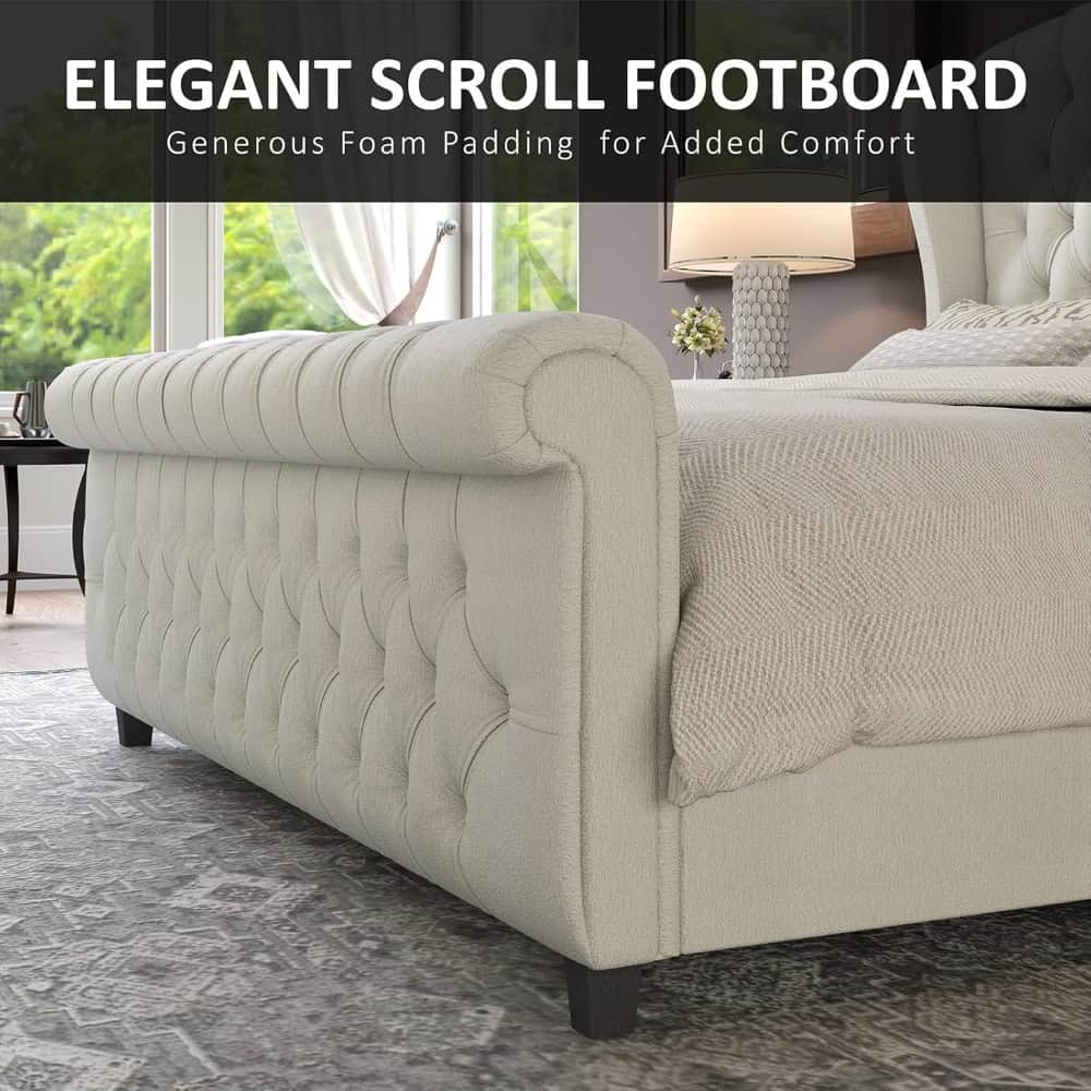 Image features a luxurious, beige upholstered bedroom with an elegant scroll-style footboard, plush foam padding for added comfort, and serene natural lighting. Perfect for modern opt bedroom decor.