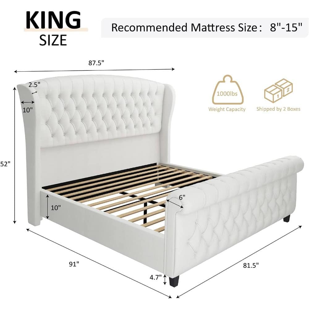 Luxurious upholstered king size bed with tufted headboard, ideal for bedroom decor. Features sturdy construction, comfortable design, and easy assembly for a stylish and functional sleep space.
