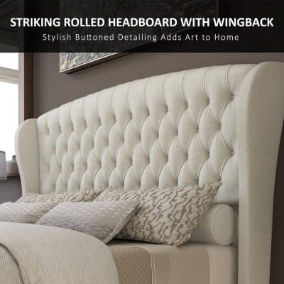 Elegant tufted fabric headboard with button detailing adds artful touch to bedroom interiors.