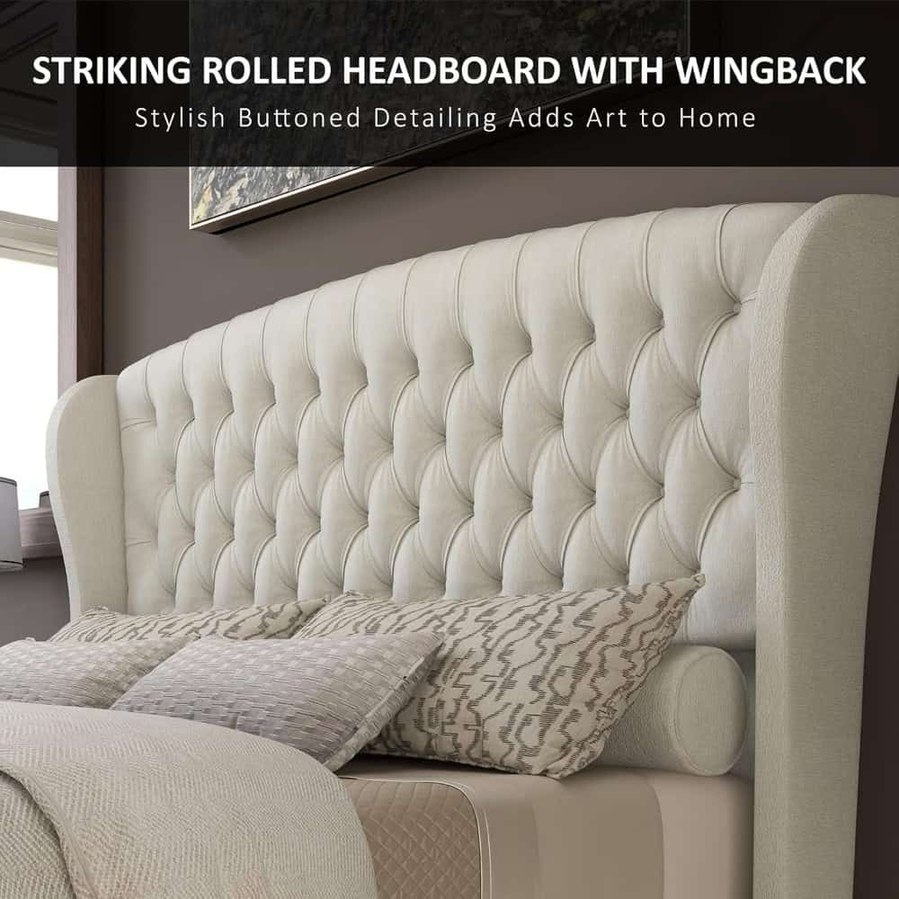 Elegant tufted fabric headboard with button detailing adds artful touch to bedroom interiors.