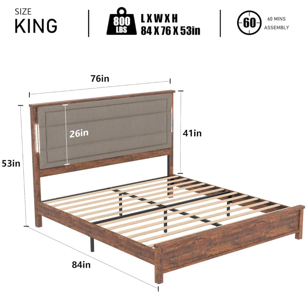 A stylish wooden king-size bed frame with upholstered headboard, offering a combination of strength and comfort. Designed for easy assembly and long-lasting use, this bed adds modern elegance to any bedroom decor.