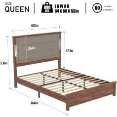 High-quality Queen size wooden bed frame with upholstered headboard, sturdy construction, and easy assembly—perfect for stylish, comfortable sleep.