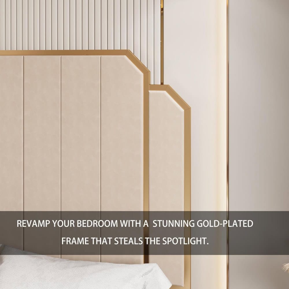 Luxury bedroom decor featuring a gold-plated frame that enhances style and ambiance. Perfect for modern interior design, emphasizing sophistication and elegance.