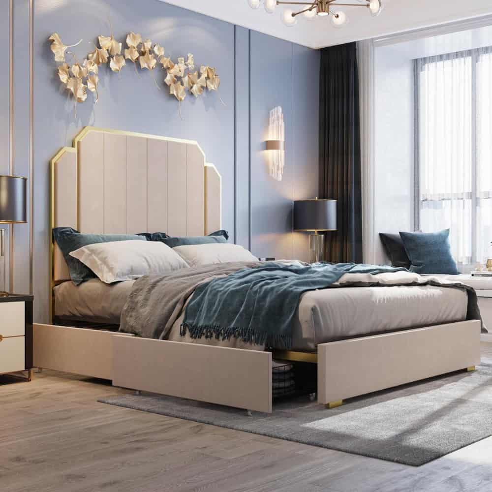 Luxurious bedroom featuring stylish decor, plush bedding, and modern furniture, perfect for a relaxing and elegant home environment.