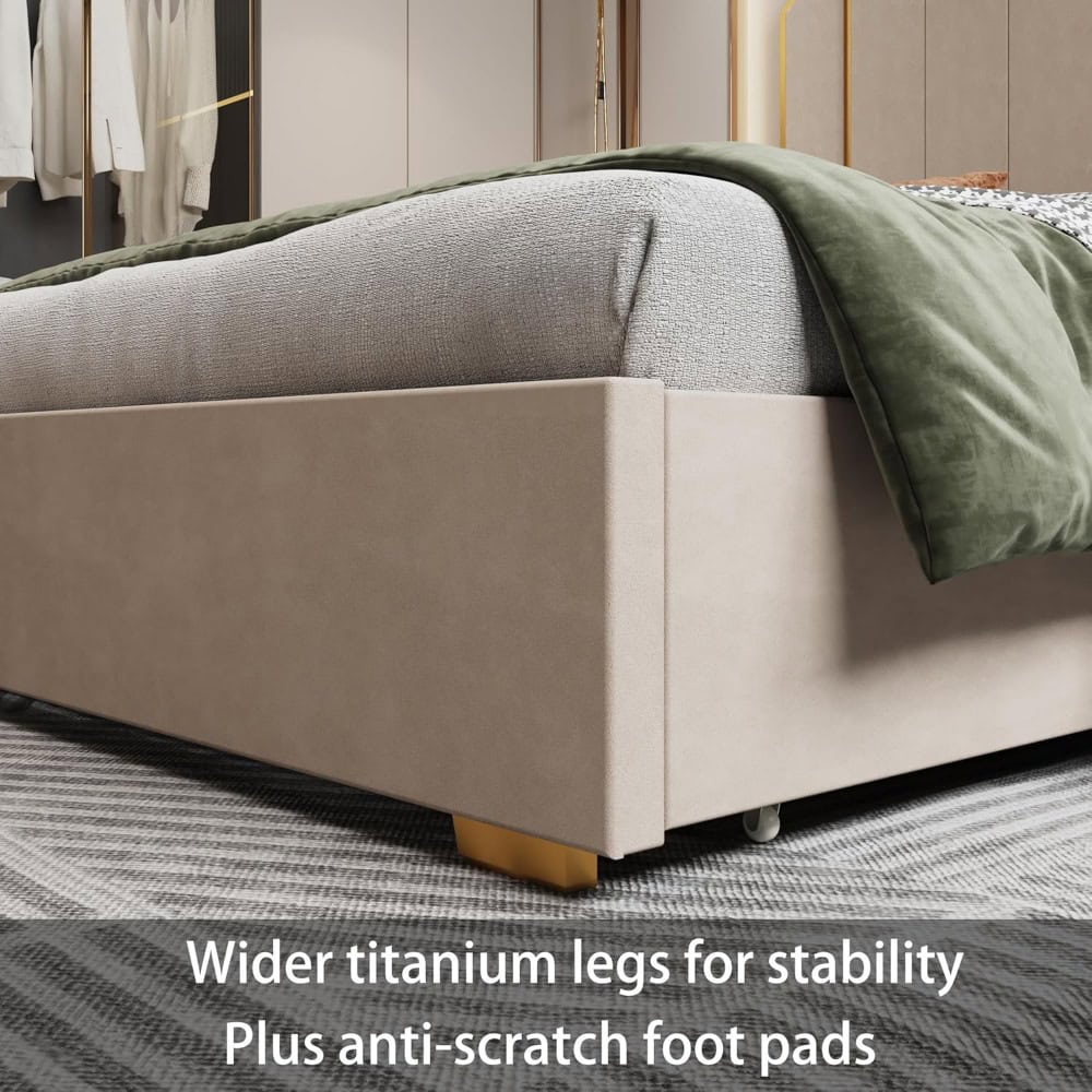 Contemporary bedroom furniture with wider titanium legs for added stability and anti-scratch foot pads, perfect for modern bedroom decor and ensuring durability.