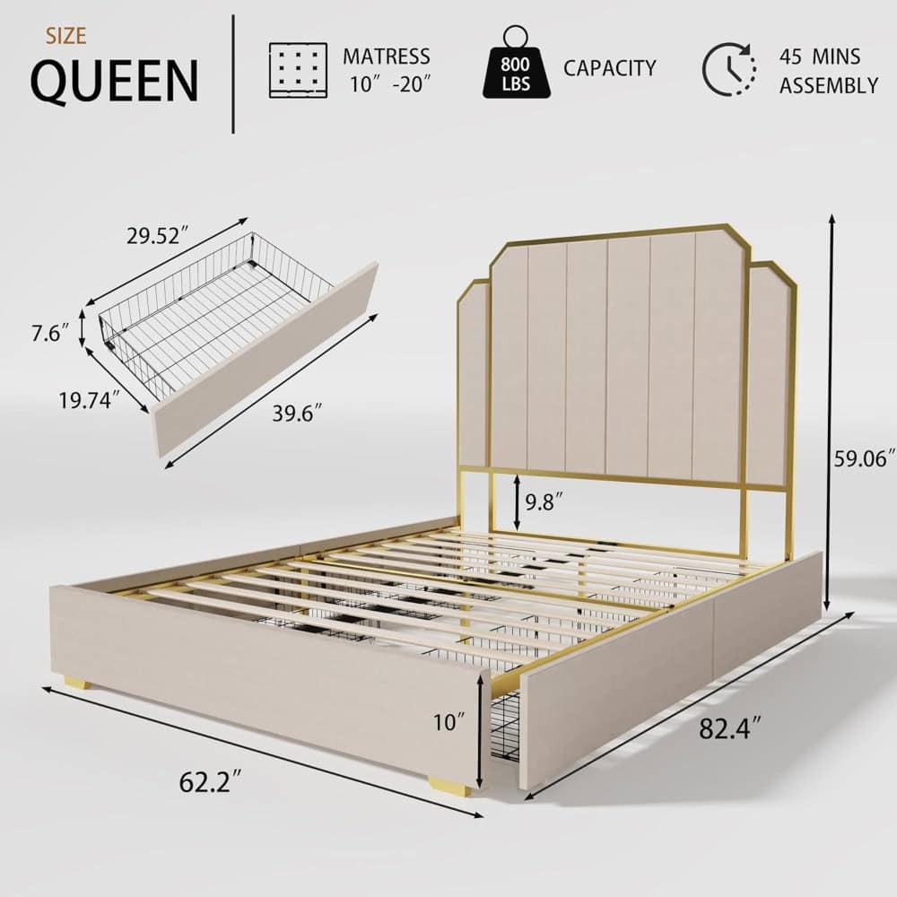 Stylish queen bed frame, including a high headboard, spacious storage drawers, and sturdy metal slats, perfect for modern bedrooms, offering durability, comfort, and ample space for a good night's sleep.