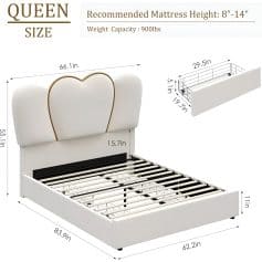 Elegant queen size bed frame featuring a heart-shaped padded headboard and durable metal support, ideal for enhancing bedroom decor and providing comfort.