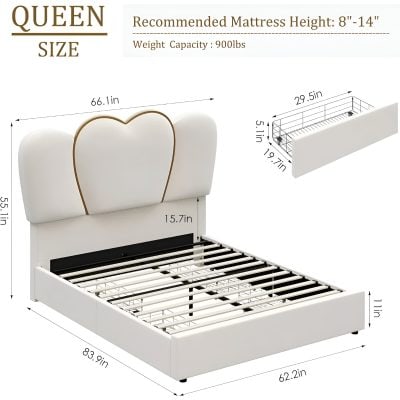 Elegant queen size bed frame featuring a heart-shaped padded headboard and durable metal support, ideal for enhancing bedroom decor and providing comfort.