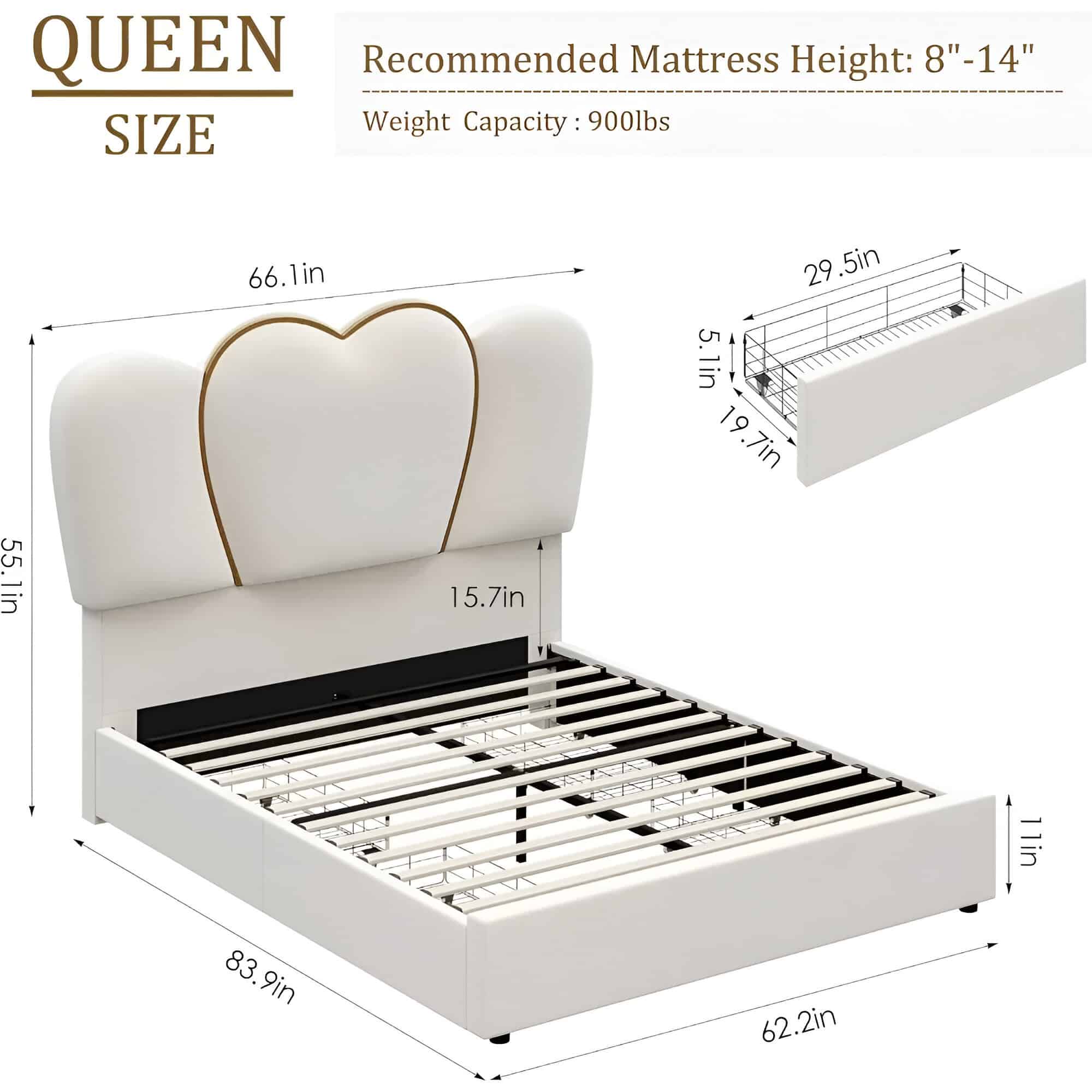 Elegant queen size bed frame featuring a heart-shaped padded headboard and durable metal support, ideal for enhancing bedroom decor and providing comfort.