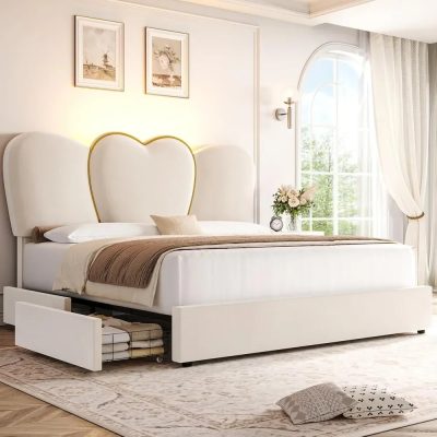 Queen Velvet Upholstered LED Bed Frame with 4 Drawers & Heart Shaped Headboard