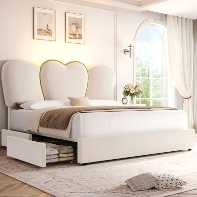 Modern bedroom featuring a white bed with a heart-shaped headboard, surrounded by natural light from large arched window and soft curtains. Perfect for serene living and relaxation.