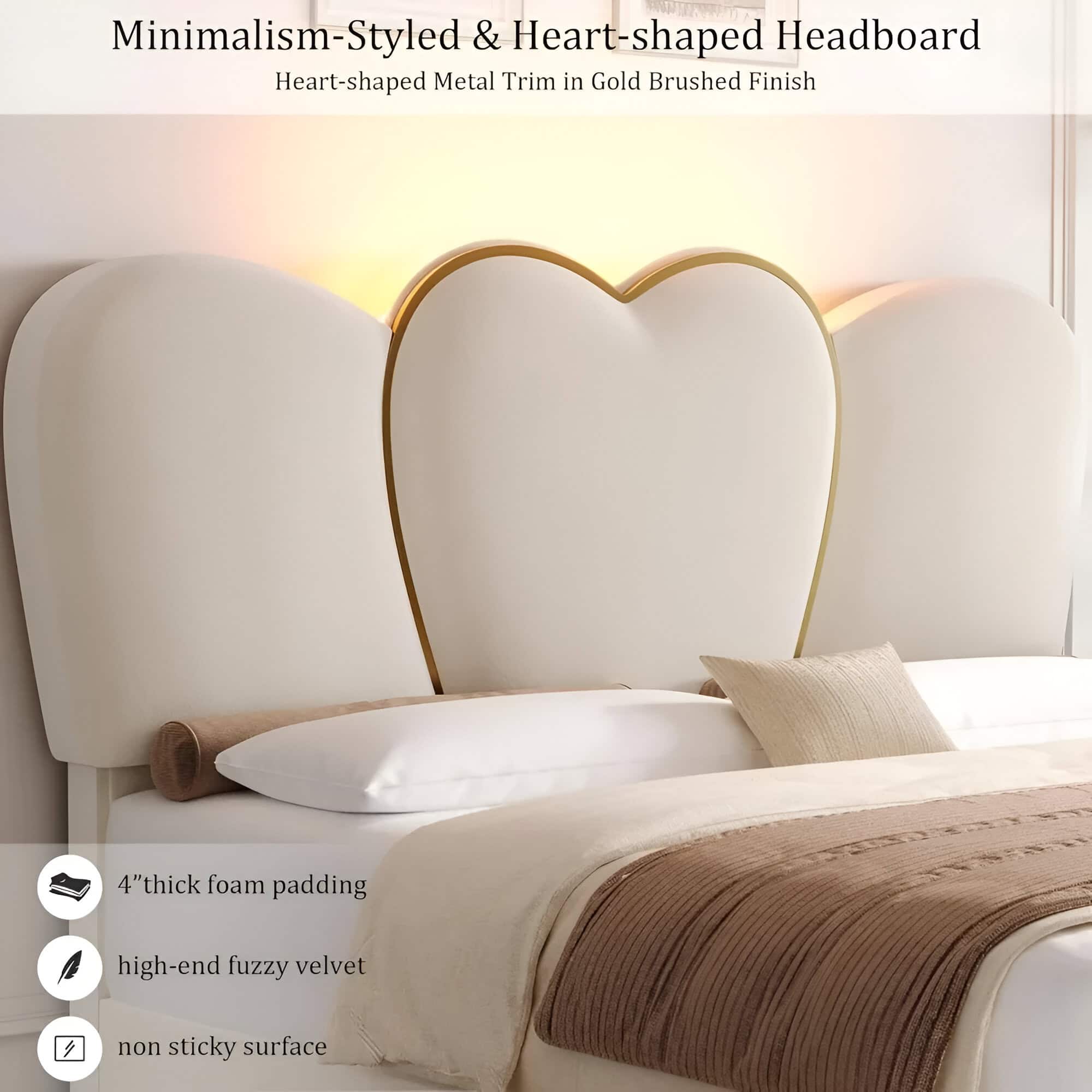 Queen Velvet Upholstered LED Bed Frame with 4 Drawers & Heart Shaped Headboard - Image 5