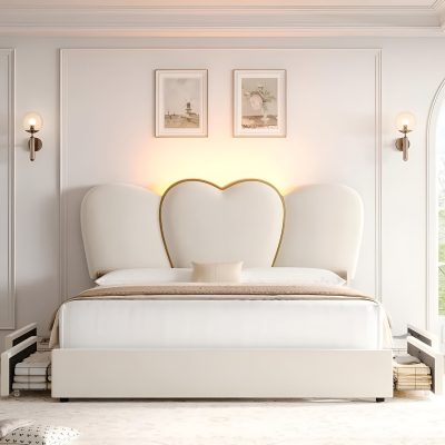 Bright, modern bedroom featuring a stylish heart-shaped headboard, contemporary wall sconces, and clean design, ideal for a comfortable sleep environment.