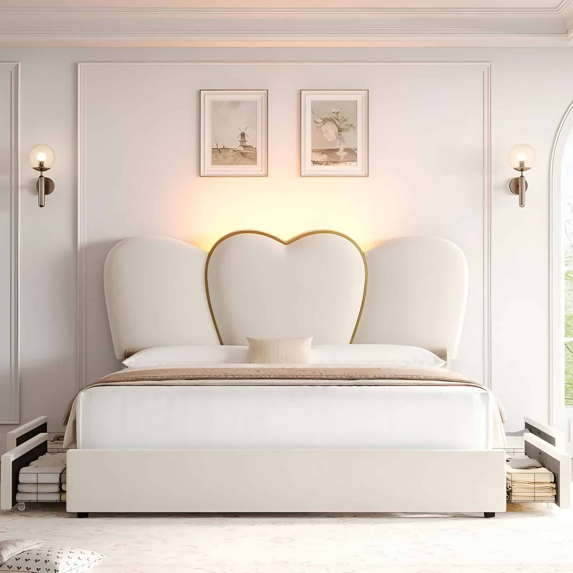 Bright, modern bedroom featuring a stylish heart-shaped headboard, contemporary wall sconces, and clean design, ideal for a comfortable sleep environment.