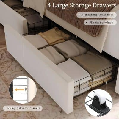 Optimum bedroom organization with large storage drawers and locking system. Smooth glide wheels provide noise-free operation, ideal for bedroom storage solutions.