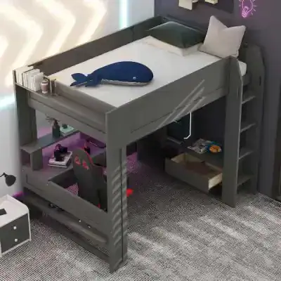 Stylish gray kids loft bed with play area, desk, and storage shelves, perfect for a modern child's bedroom or study space. Includes mattress, pillows, and playful whale plushie.