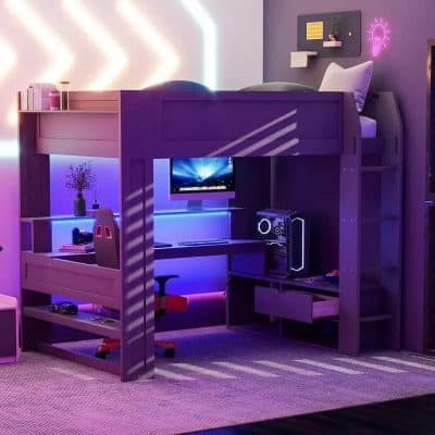 A modern loft bed with an integrated workspace and computer setup, illuminated by vibrant LED lighting, perfect for a stylish and functional bedroom or gaming room setup.