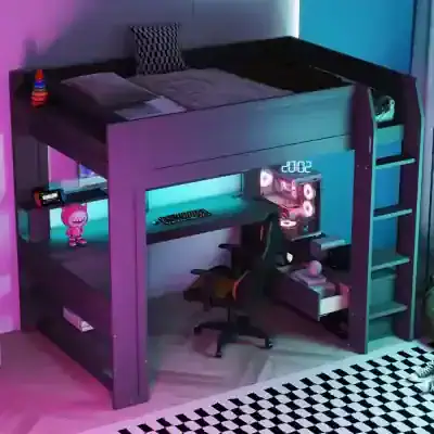 Modern loft bed featuring an integrated gaming station, ergonomic chair, and study area with LED lighting, perfect for students and gamers seeking space-efficient furniture.