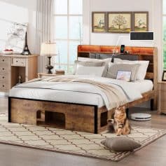 Comfortable wooden bed with sleek headboard, plush bedding, and nearby smart devices in stylish bedroom. Perfect for modern home decor and restful sleep.