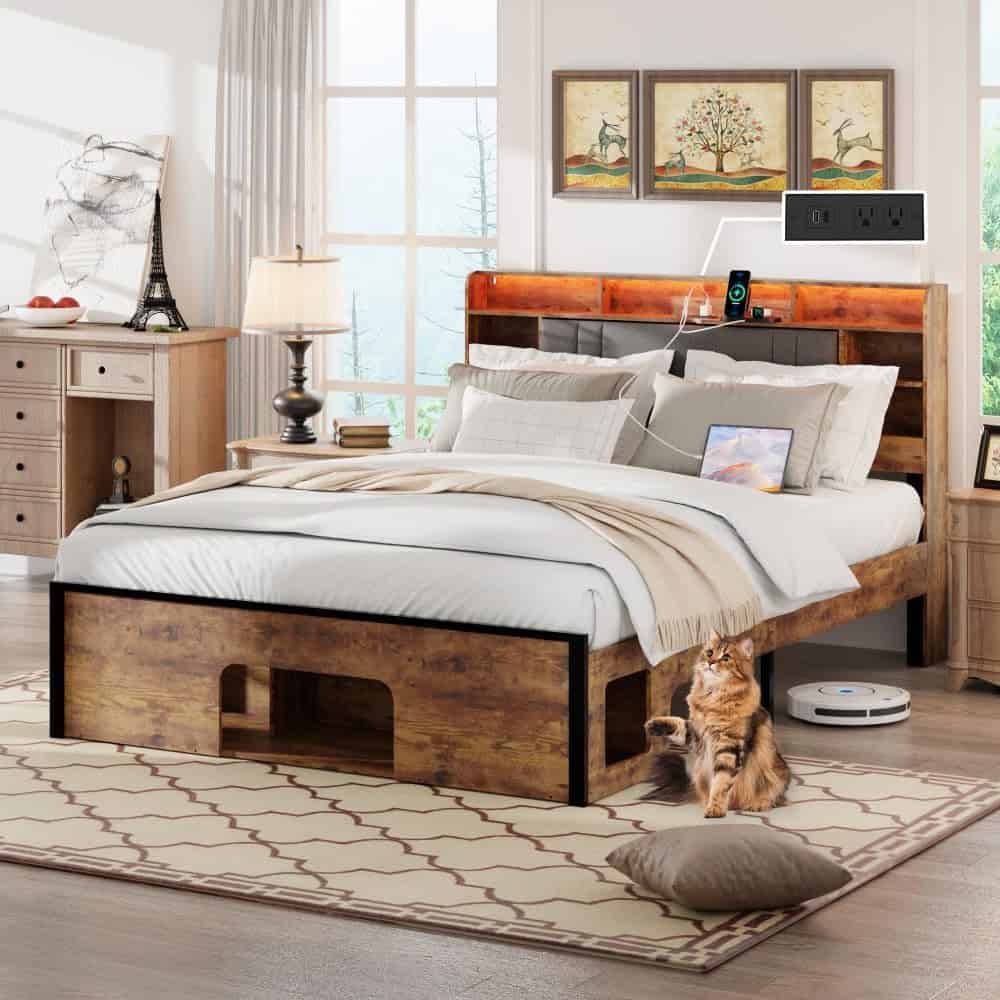 Comfortable wooden bed with sleek headboard, plush bedding, and nearby smart devices in stylish bedroom. Perfect for modern home decor and restful sleep.