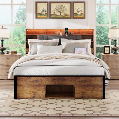 Beautiful bedroom featuring a wooden headboard, smart speaker, and cozy bedding, perfect for a relaxing sleep environment. Large windows provide natural light and scenic views.