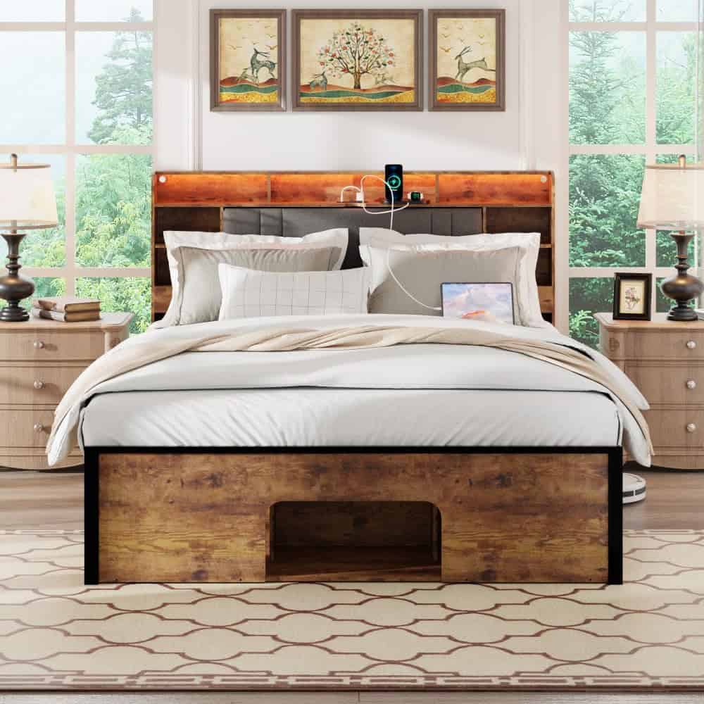 Beautiful bedroom featuring a wooden headboard, smart speaker, and cozy bedding, perfect for a relaxing sleep environment. Large windows provide natural light and scenic views.