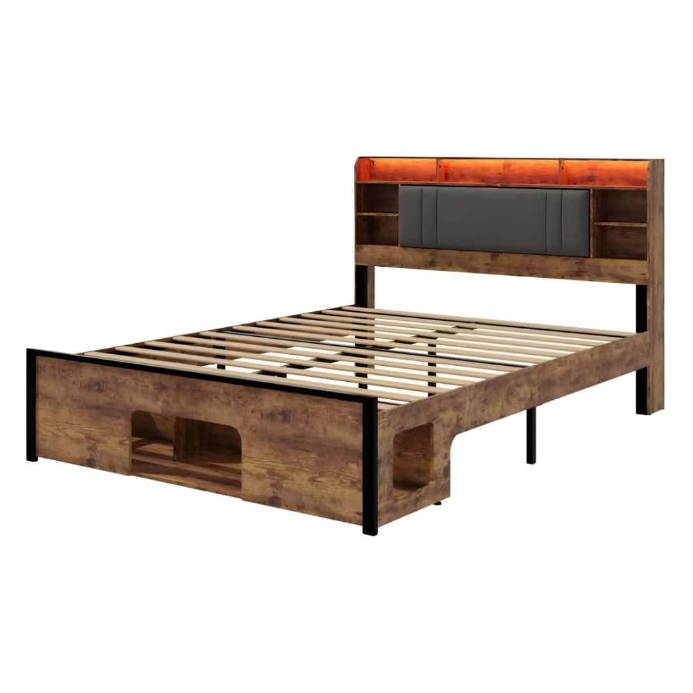 Stylish wooden bed with headboard storage, integrated lighting, and sturdy frame designed for comfort and aesthetic appeal in bedroom decor.