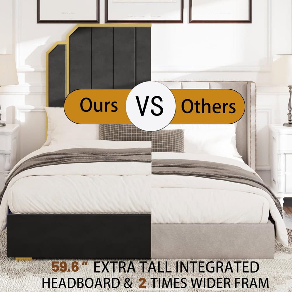 Luxurious bedroom with modern black and gold headboard, extra tall and wide frame, perfect for stylish bedroom setups. Designed for comfort and elegance, ideal for contemporary interior decor.