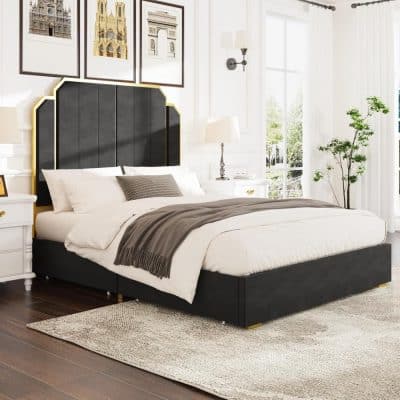 Luxurious black velvet bed with gold trim, cozy white and brown bedding, stylish bedroom decor perfect for a sophisticated sleep space.