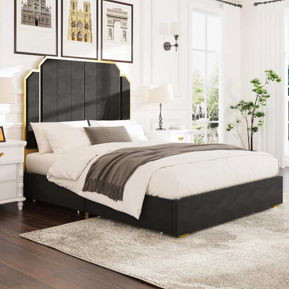 Luxurious black velvet bed with gold trim, cozy white and brown bedding, stylish bedroom decor perfect for a sophisticated sleep space.