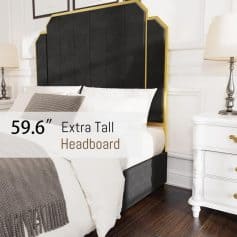 Luxurious extra tall black and gold upholstered headboard for elegant bedroom design.